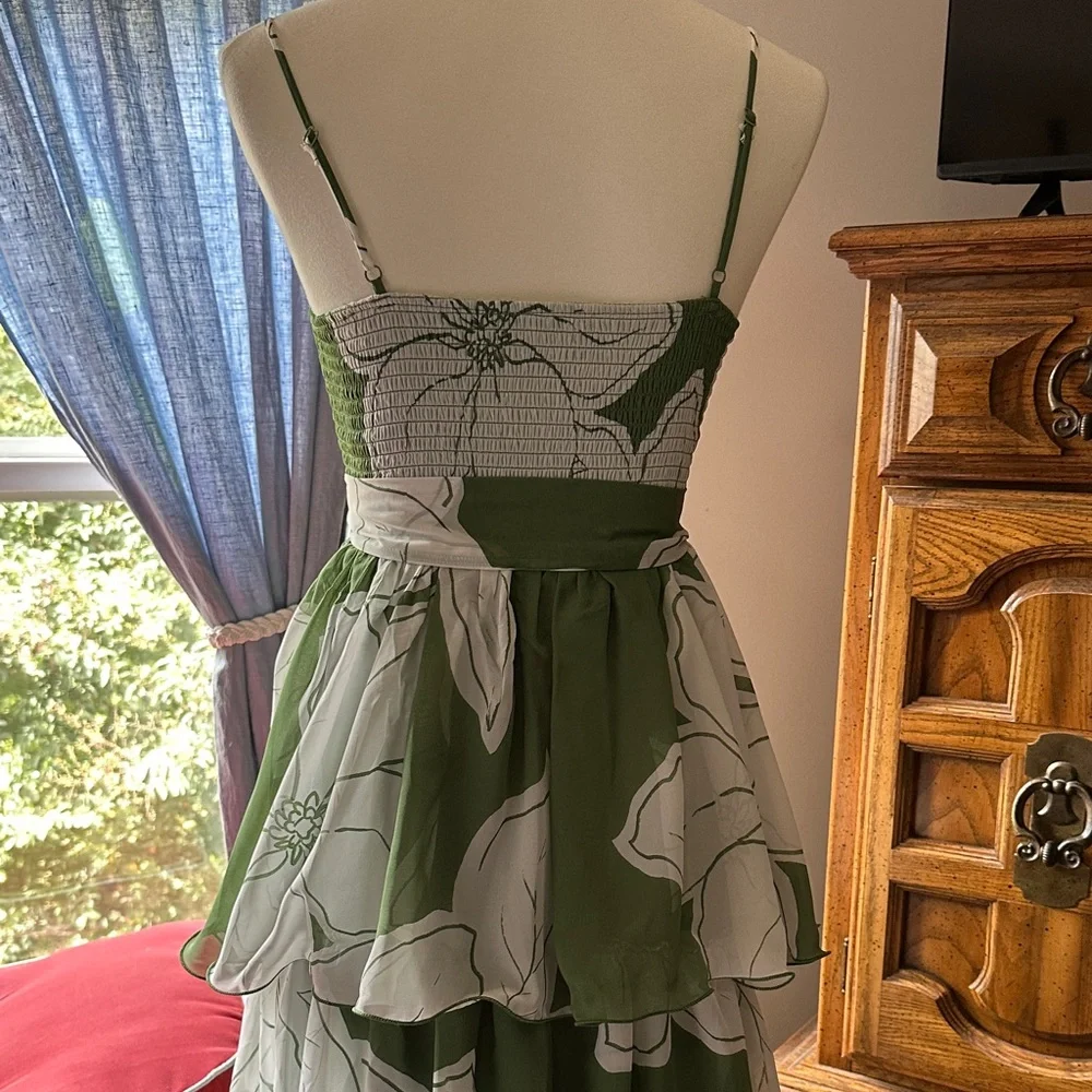 Long Green and White Dress floral dress with a tiered ruffle skirt and sash. - Picture 5 of 7